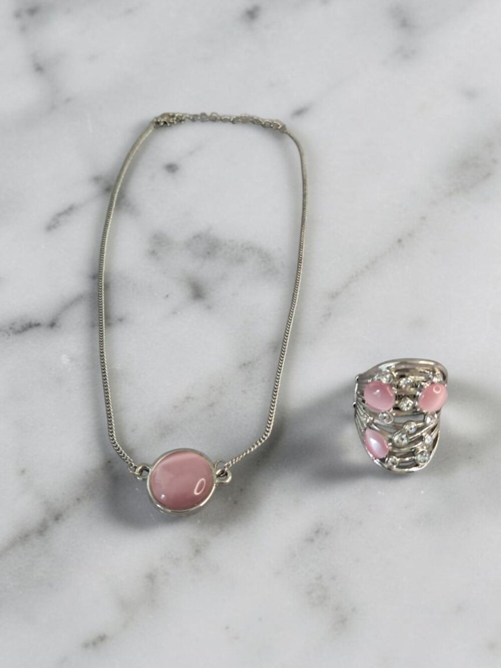 Pink Cat's Eye Silver-Tone Necklace & Ring Set Statement Rhinestone Jewelry